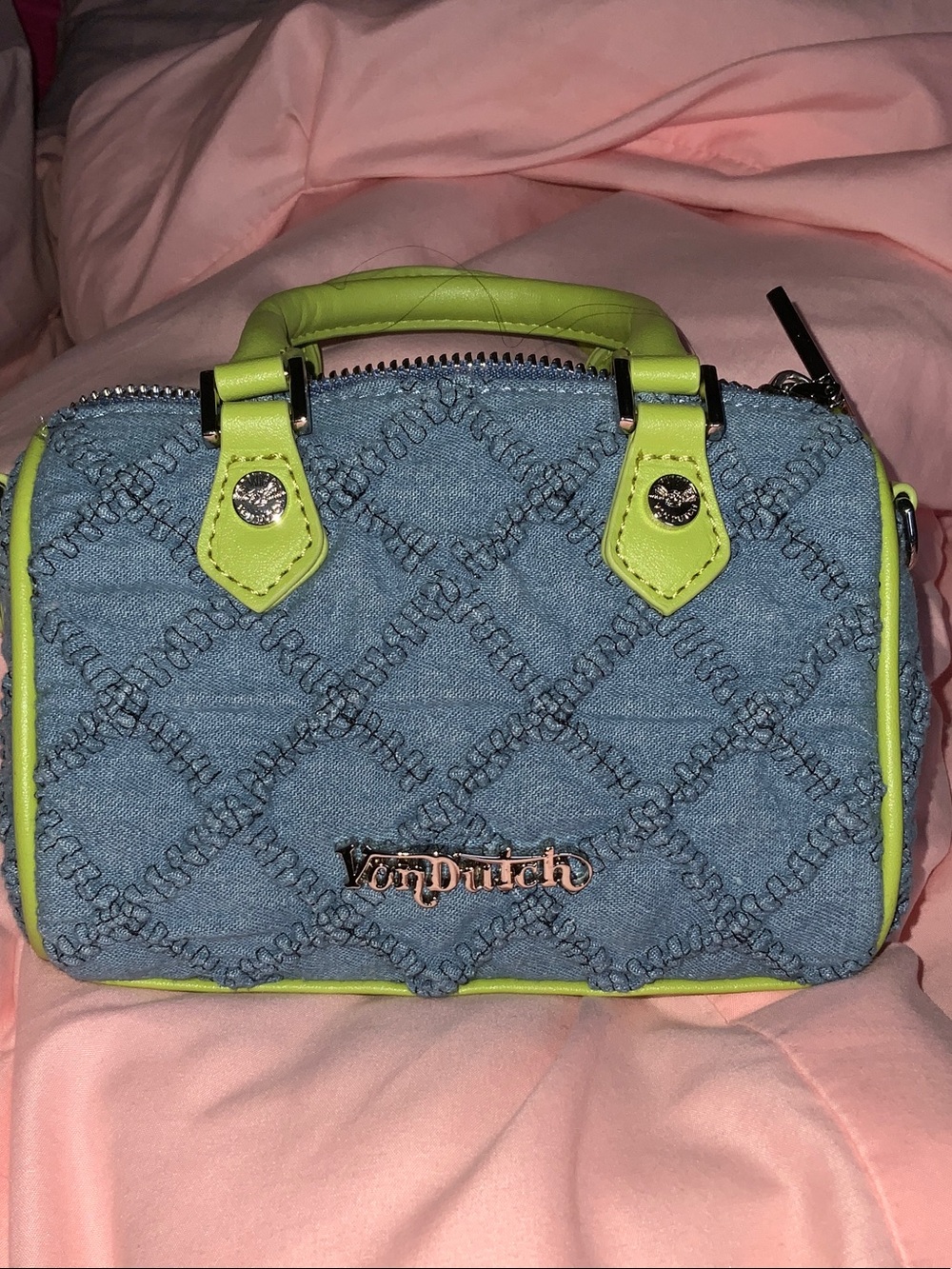 Von Dutch Denim Mini Satchel with Neon Lime Trim